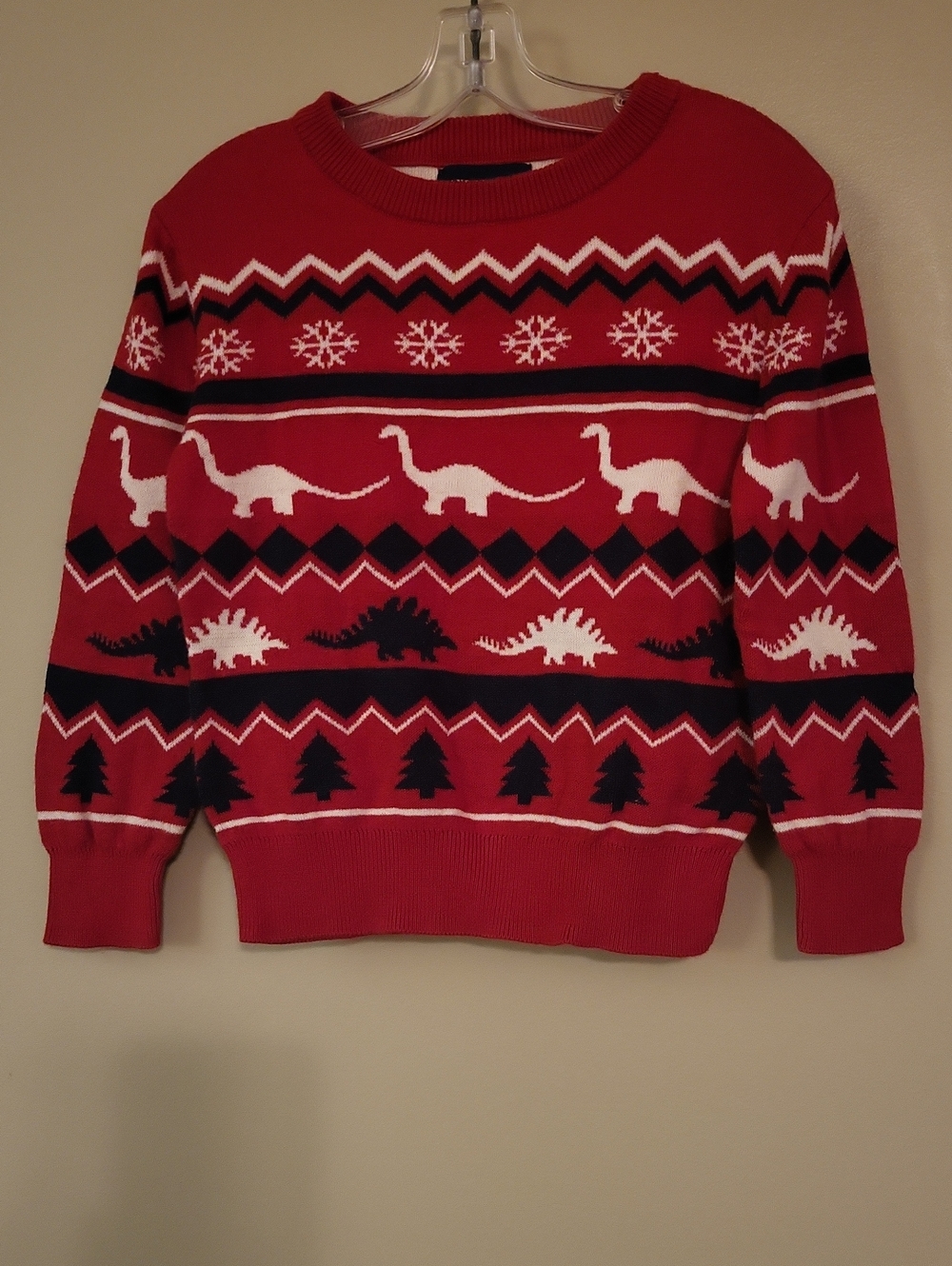 Red holiday dinosaur knit pullover sweater